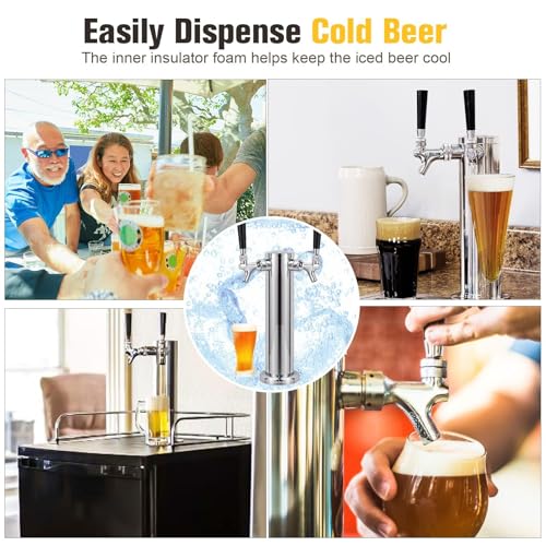 Dual Beer Tower Dispenser - Double Tap Kegerator Tower Draft Beer Tower Dispenser Pre-installed 5ft Beer Line Stainless Steel Core Faucet Double Keg Tap Beer Tower for 3" Kegerator Tower - size: Dual Tap Beer Tower