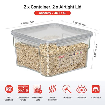 2 Pack 4 QT Airtight Commercial Food Storage Containers, Clear Food Storage Container with Built-In Labeling Area, Stackable for Coffee Beans, Sugar, Rice and Dry Goods, Shallow Model - size: 2 X 4.0(QT)-Shallow
