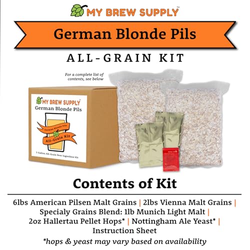 My Brew Supply German Blonde Pils Beer Brewing Kit | European 2-Row Pale Ale Malt | Munich Light Grain | Hallertau Pellet Hops | Nottingham Yeast | 5 Gallon Advanced All Grain Home Brewing