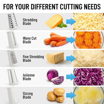 Zulay Kitchen Rotary Cheese Grater 5 Blade Cheese Shredder - Manual Hand Crank Cheese Grater With Reinforced Suction & 5 Interchangeable Drums - Easy to Use, Vegetable Chopper Round Mandoline Slicer - color: Classic | White