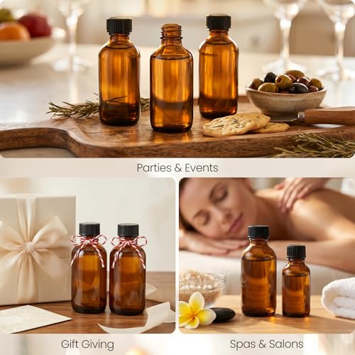 TBWIND 54 Pack 2oz Amber Glass Boston Round Bottles with Airtight Caps | Travel Size Bottles for Essential Oils, Perfume, Vanilla Extract, Tinctures & DIY Sample with Droppers, Labels & Funnels - size: 2oz