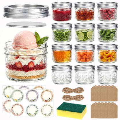 STARSIDE 4oz Embossed Glass Mason Jars 12 Pack, Small Regular Mouth Canning Jars with Airtight Lids for Jams, Jelly, Honey, Snacks, Spices, DIY Gifts & Wedding Favors - color: Clear06-4oz