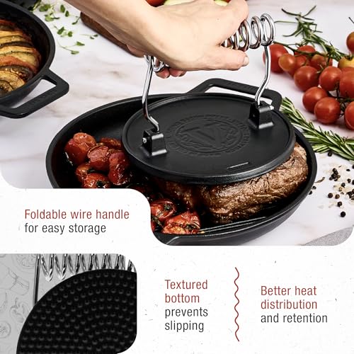 Victoria Round Cast-Iron Meat Press with a Wire Handle, Preseasoned with Flaxseed Oil, Made in Colombia - size: Round press