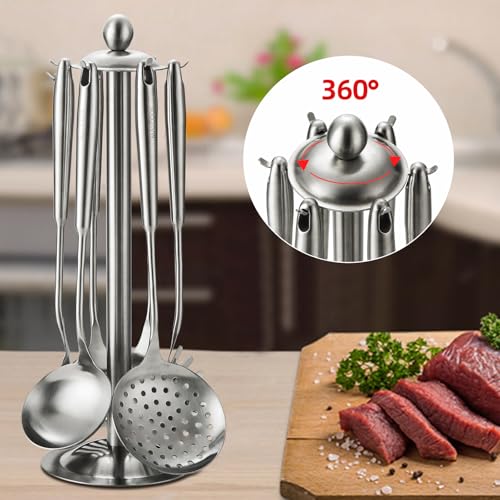 Stainless Steel Cooking Utensils set, 18/8 Stainless Steel Kitchen Utensils set, 7 Pieces Cookware Set with Rotating Holder, Heat Resistant Stainless Steel Cooking Spoon(Dishwasher Safe) - size: 18/8 Stainless Steel Utensil Set of 7