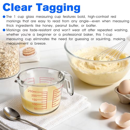 Glass Measuring Cup with V-Shaped Spout & Insulated Handle, 1 Cup(8oz) | 250ml Borosilicate Liquid Measure Cups with Heat Resistant, Microwave Safe, Clear, Easy Pour for Kitchen Baking and Cooking