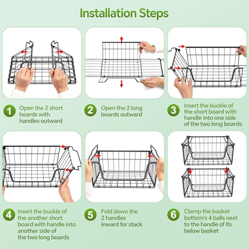 MSERCUOR 4 Pack Foldable Wire Basket for Pantry Organizers and Storage, Stackable Vegetable Fruit Basket for Kitchen Counter, Black Potato and Onion Storage Bin