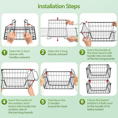 MSERCUOR 4 Pack Foldable Wire Basket for Pantry Organizers and Storage, Stackable Vegetable Fruit Basket for Kitchen Counter, Black Potato and Onion Storage Bin