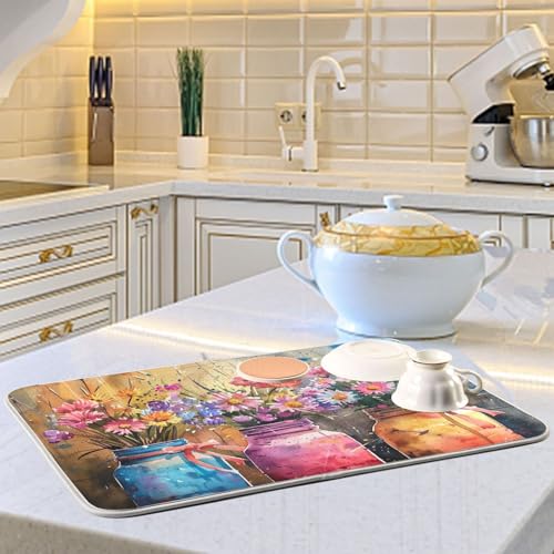 Absorbent Dish Drying Mats, Colorful Mason Jars Spring Flowers Quick Drying Coffee Bar Mat, Reversible Dish Draining Mat Kitchen Countertop Mat, 18 x 24 Inch - size: 18x24in