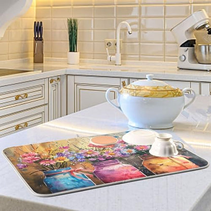 Absorbent Dish Drying Mats, Colorful Mason Jars Spring Flowers Quick Drying Coffee Bar Mat, Reversible Dish Draining Mat Kitchen Countertop Mat, 18 x 24 Inch - size: 18x24in