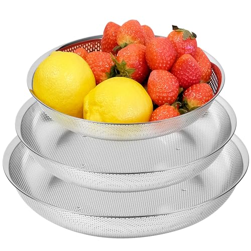 Shallow Stainless Steel Colander Set of 3 – Micro-Perforated Tray Strainers for Berries Vegetables Fruit, 18/8 304 Low Profile (2, 3, 4 Qt) Self-Draining Base, Dishwasher Safe, Made in Korea - size: 2+3+4QT Colander