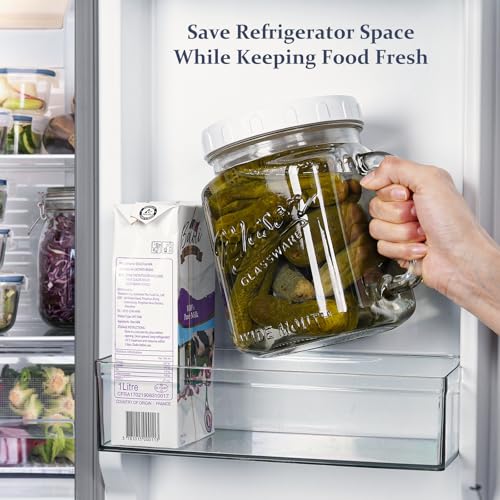 Folinstall 74 oz Wide Mouth Mason Jar w Handle, Airtight Storage Container | Easy-Grip Handle, Scale Marks, Easy Filling & Cleaning, 2 Pcs Jars for Sugar, Flour, Cookie, Pickle, Fruit, and Fridge Drink