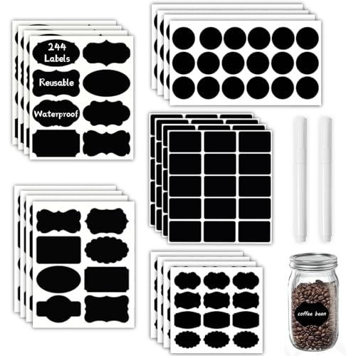 Chalkboard Labels 244 PCS, Waterproof Reusable Blackboard Stickers with 2 Chalk Marker, Erasable Handwritten Stickers or Food Containers, Mason Jars, Pantry, Bottles Storage Bins - color: Black