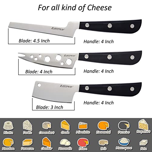 Cheese Knife Set, MATTSTONE HILL Cheese Knives - Soft & Semi Hard Cheese Knife, Soft Cheese Slicer, Cheese Cleaver, Premium Stainless Steel, Black Handle - size: Cheese Knife Set
