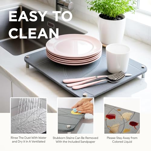 Large Stone Drying Mat for Kitchen Counter | 15.8” x 11.8” Dish Drying Mat Large | Diatomaceous Earth Collapsible Stone Dish Drying Mat | Collapsible Stone Mat for Kitchen Counter (Dark Gray) - color: Dark Gray
