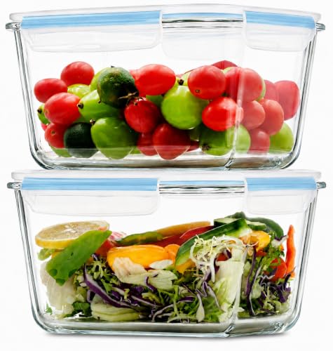 2 Pack Large Glass Storage Containers with Lids 85oz/10.5cup Big Airtight Glass Food Storage Containers for Rotisserie Chicken Watermelon Meal Prep, BPA Free, Freezer Dishwasher Oven Safe - color: blue