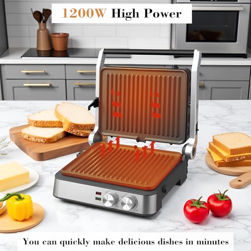 Panini Press,4 Slices Contact Grill with Removable Non-Stick Coated Grill and Flat Plates,Panini Makers with Temperature Control and Timer,Open 180 Degrees,Grill and Griddle (Half black with sus) - color: Half black with sus