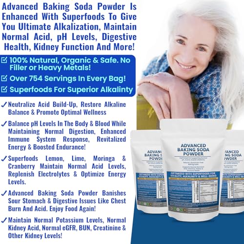 Advanced Baking Soda Powder: Organic Use Aluminum Free Baking Soda w/Superfoods to Support Kidneys, Stomach Acid, Alkalinity, Immune, Antacid, Health & Wellness, Organic Use