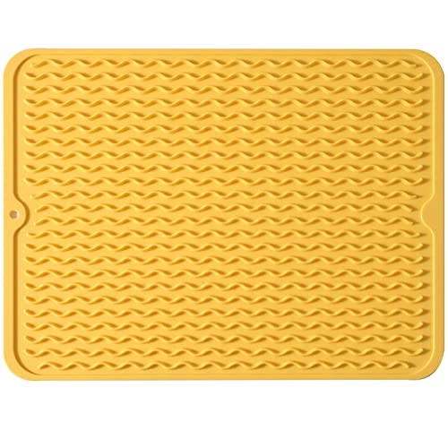 MicoYang Silicone Dish Drying Mat — Quick-Dry Ridges Counter & Sink Pad, Heat-Resistant Trivet to 450°F, Non-Slip & Dishwasher Safe, Roll-Up Storage, 18 Colors & 9 Sizes (Yellow, 16"×12") - color: Yellow, size: 16"L x 12"W