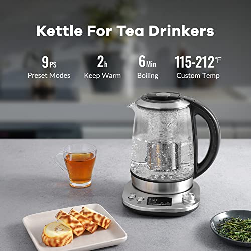 Mecity Electric Tea Kettle with Removable Infuser, 9 Preset Brewing Programs, Temperature Control, 2 Hours Keep Warm, Borosilicate Glass, 1.7 Liter, 1200W - size: 1.8 Quarts | HB-K002C