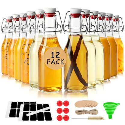 Ruckae 12 Pack 8.5oz Swing Top Glass Bottles with Lids Kombucha Coquito Flip Top Glass Bottle for Syrup Vanilla Extract Brew Beer Kefir Air Tight Bottles for Gift (8.5 oz 12 pack) - size: 8.5 oz 12 pack