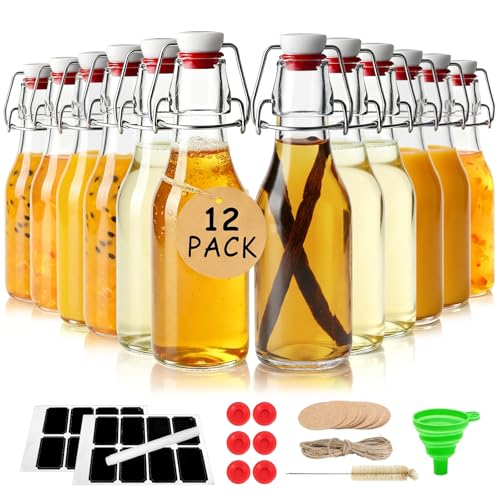 Ruckae 12 Pack 8.5oz Swing Top Glass Bottles with Lids Kombucha Coquito Flip Top Glass Bottle for Syrup Vanilla Extract Brew Beer Kefir Air Tight Bottles for Gift (8.5 oz 12 pack) - size: 8.5 oz 12 pack