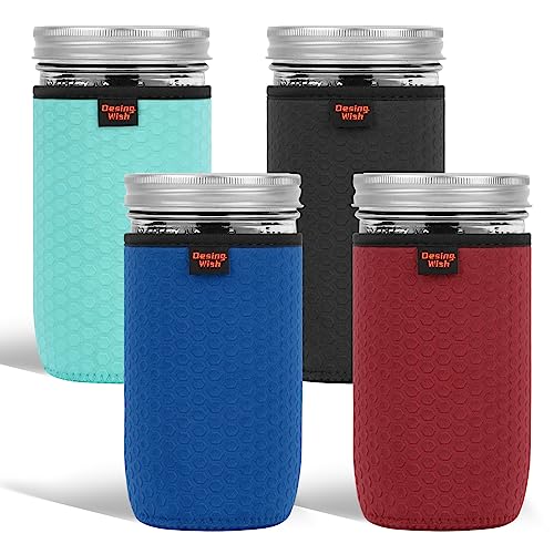 24 oz Wide Mouth Mason Jar Neoprene Sleeve, 24oz Non-slip Cozy Insulated Glass Jars Protector Holder Sleeves 3.0 x 5.5 Inches - 4 Pack (Black/Red/Blue/Cyan) - color: 24 oz Sleeves (3.0 x 5.5 In) - Black/Red/Blue/Cyan