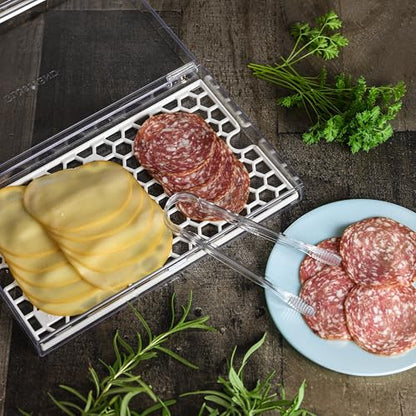 GlossyEnd Deli Meat and Cheese Storage Container with Tong, Bacon Storage Container with Perforated Tray for Freshness, Clear Durable Plastic - Dishwasher and Freezer Safe - Size: 11” x 6.5” x 2”