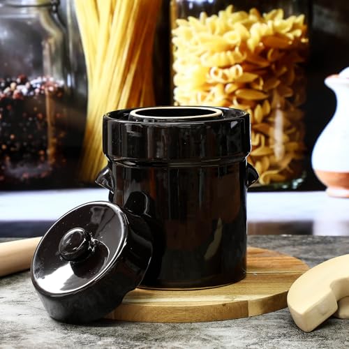 Nuenen 2 Set 1/2 Gallon Fermentation Crock Sauerkraut Crock with Lid Weights & Pounder Ceramic Fermenting Jar Brown Stoneware Pot for Fermenting Pickling Cabbage Sauerkraut Pickles Vegetables