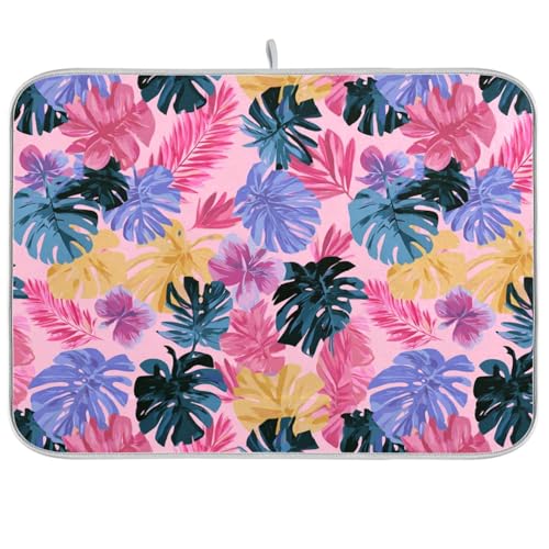 Dish Drying Mat for Kitchen Counter Tropical Leaf Flower Pink Absorbent Drying Dish Mat 16×18 inch Dish Rack Pad Coffee Mat for Sink Dishes Under Rack - color: multicolored.15, size: 16x18in
