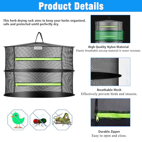 Herb Drying Rack, Breathable Mesh, 2-Layer, Black, Nylon & Polyester, 8x24x24 Inches, 2.2 lbs Capacity, Foldable, Ceiling Mount, Ideal for Herbs, Jerky, Meat, Plants, Fish, Clothes, Nuts