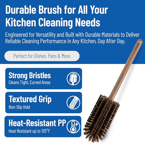 SPARTA Large Water Bottle Brush Ideal for Wide-Mouth Jars, Bottles and Tumblers, Dishwashing Tool with Handle for Home and Commercial Kitchens, Plastic, 16 Inches, Brown