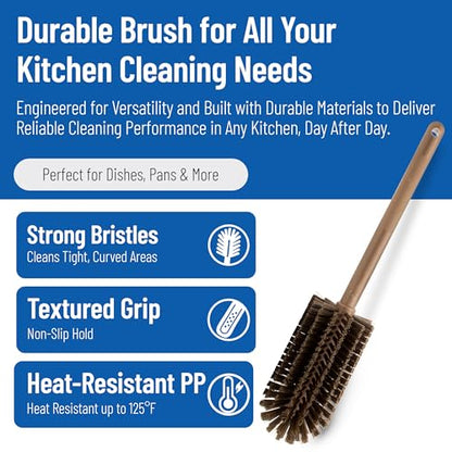 SPARTA Large Water Bottle Brush Ideal for Wide-Mouth Jars, Bottles and Tumblers, Dishwashing Tool with Handle for Home and Commercial Kitchens, Plastic, 16 Inches, Brown