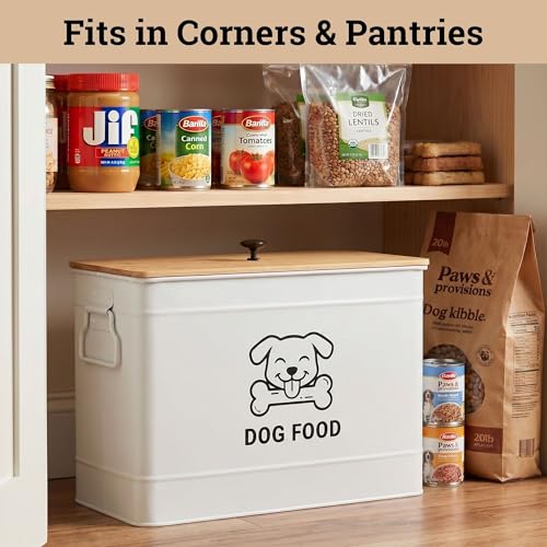 Dog Food Container Airtight 15 lb (50 Cup) Capacity with Metal Scoop - Cute Airtight Dog Food Storage Container with Bamboo Lid - White Metal Kibble Storage Bin for Dogs up to 100 lbs - Big Pet Jar - color: White