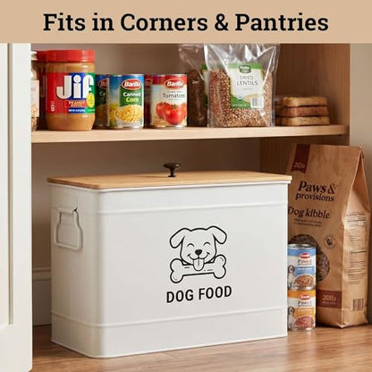 Dog Food Container Airtight 15 lb (50 Cup) Capacity with Metal Scoop - Cute Airtight Dog Food Storage Container with Bamboo Lid - White Metal Kibble Storage Bin for Dogs up to 100 lbs - Big Pet Jar - color: White
