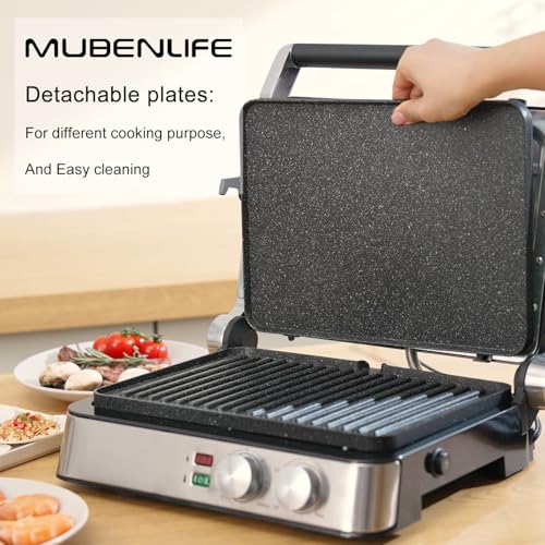 Panini Press,4 Slices Contact Grill with Removable Non-Stick Coated Grill and Flat Plates,Panini Makers with Temperature Control and Timer,Open 180 Degrees,Grill and Griddle (Silver wtih Full SUS) - color: Silver wtih Full SUS