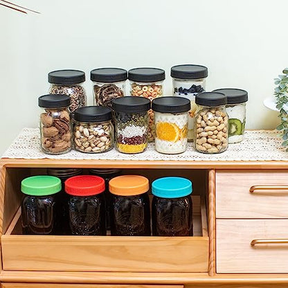 Jumterlee 12 Pack 32 oz Amber Mason Jars, Wide Mouth Mason Jars with Lids and Bands and 12 Black Plastic Mason Jar Lids, Canning Jars Used for Canning, Pickling, Juice, Jam, Jelly