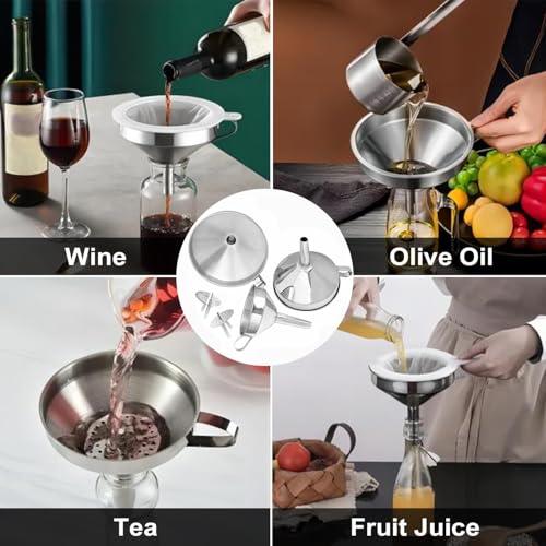 Stainless Steel Funnels for Kitchen use,4PCS Kitchen Metal Funnel with 2 Removable Strainer,Cleaning Brush.Funnel for Filling Bottles,for Transferring of Liquid,Oils,Jam (5.1",3",2.2",1.8") - size: Funnel set of 4