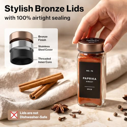 EDELHAUS Glass Spice Jars with Label, 24x Champagne Bronze Steel Lids | Airtight lids keep spices fresh; use as a spice organizer, seasoning containers or 4 oz jar set; funnel, brush & 240 labels - color: Champagne Bronze Stainless Steel Lid