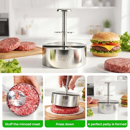 UFORU 4.5 Inch Burger Press,304 Stainless Steel Hamburger Patty Maker,Heavy Duty Non-Stick Patty Press,Spring Back Design,Dishwasher Safe Burger Maker for Smash Burgers Ground Beef,BBQ,Kitchen - size: 4.5inch