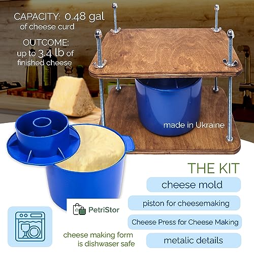 Wooden Cheese Press for Cheese Making Supplies 12in Plywood 1/2in Thick Metal Guides and Cheese Mold with Follower Piston 1/2 Gal - Home Supply Ultimate Cheese Press Machine - Prensa Para Queso Casero