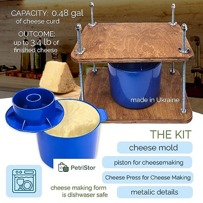 Wooden Cheese Press for Cheese Making Supplies 12in Plywood 1/2in Thick Metal Guides and Cheese Mold with Follower Piston 1/2 Gal - Home Supply Ultimate Cheese Press Machine - Prensa Para Queso Casero