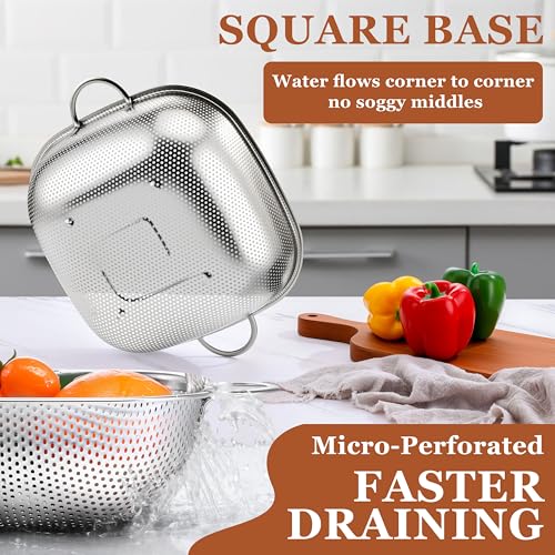 E-far 4QT Square Stainless Steel Colander - Metal Strainer with Handle for Draining Pasta & Vegetables, Micro-Perforated & Elevated Feet, Dishwasher Safe - size: 4QT