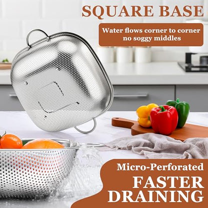 E-far 4QT Square Stainless Steel Colander - Metal Strainer with Handle for Draining Pasta & Vegetables, Micro-Perforated & Elevated Feet, Dishwasher Safe - size: 4QT