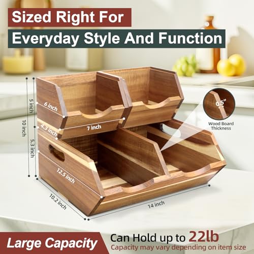 Acacia Wood Pantry Storage Bins, Stackable Potato and Onion Storage Bins for Kitchen Countertop, Set of 3 Wooden Pantry Organizer Baskets for Fruit, Vegetable, Snack