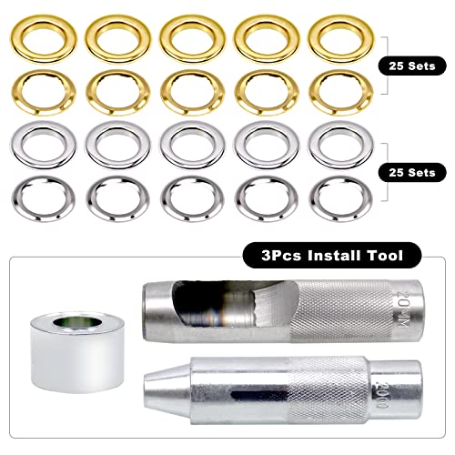 CNQLIS 50 Sets 3/4" Grommet Tool Kit, Grommet Setting Tool Copper Grommets Eyelets, 2 Colors,with 3 Pcs Install Tool