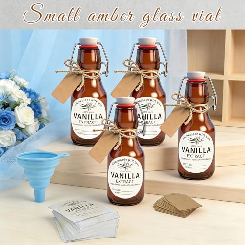 24 Sets Swing Top Glass Bottles Set 4 Oz Vanilla Extract Bottles Amber Homemade Vanilla Extract Jars for Weddings Family Gatherings Christmas DIY Crafts