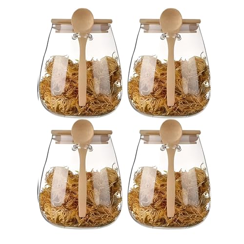 Airtight glass jar storage container with bamboo lid Set of 4, wide mouth, leak-proof, With a spoon, can be used for coffee beans, tea leaves, grains, dried fruits, etc (Large*4PCS) - color: Large*4PCS