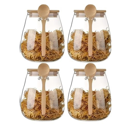 Airtight glass jar storage container with bamboo lid Set of 4, wide mouth, leak-proof, With a spoon, can be used for coffee beans, tea leaves, grains, dried fruits, etc (Large*4PCS) - color: Large*4PCS