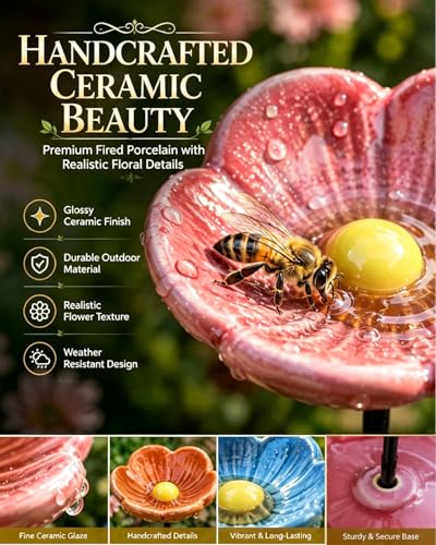 Bee Watering Station for Garden Cups Bird Butterfly Bees Ceramic Drinking and Water Bath Feeder Cup Blossoms Flowers Shaped Design Poppies Bowl Wildlife Feeding 5PCS Watring Pollinator - color: #5PCS-B