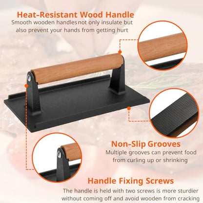 onlyfire Cast Iron Meat Press Grill Press with Wooden Handle, Great for Squeezing Fat from Meats, Flattening Bacon, Paninis, and Burgers